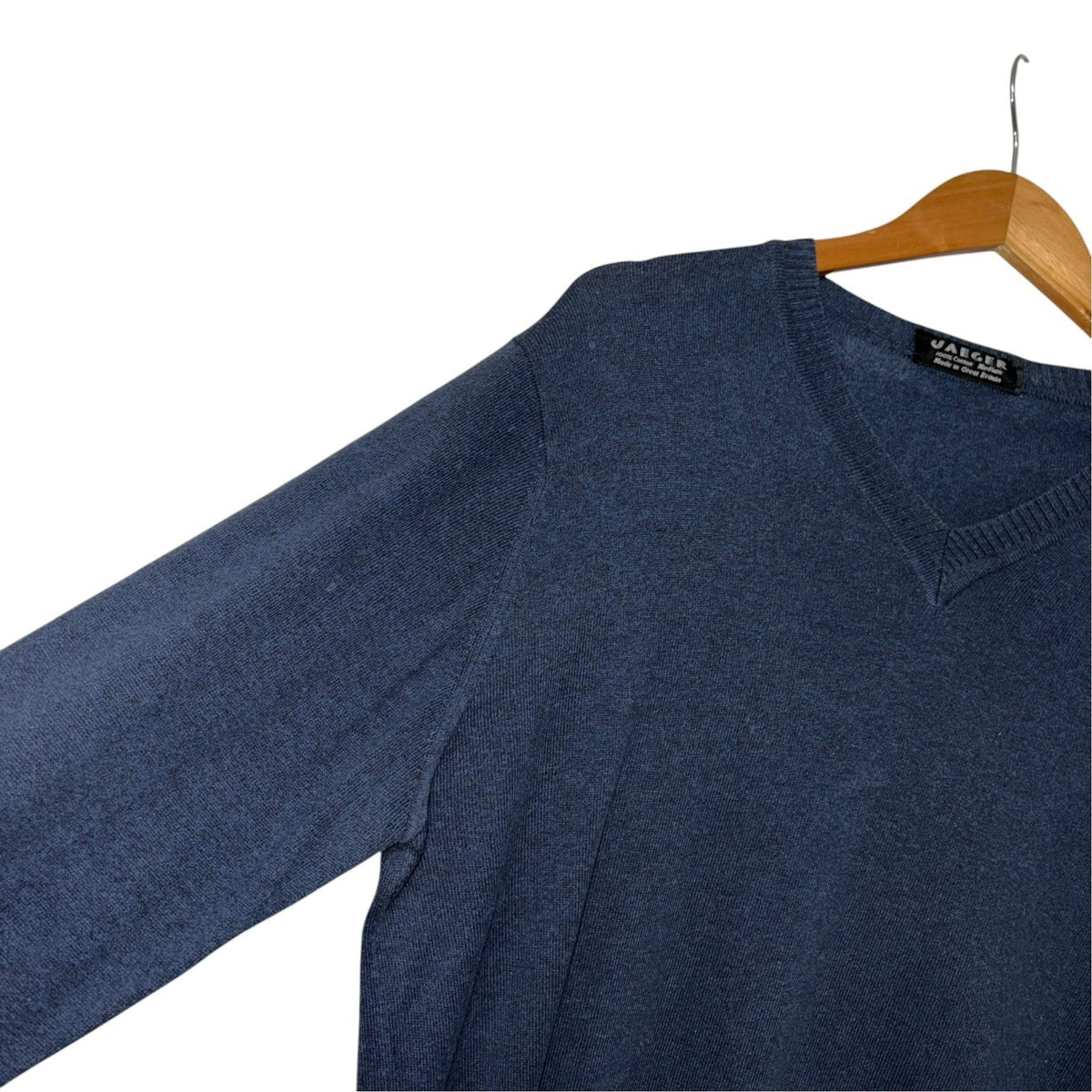 Jaeger Size Medium Vintage Jumper Long Sleeve Navy Blue Cotton V Neck VGC