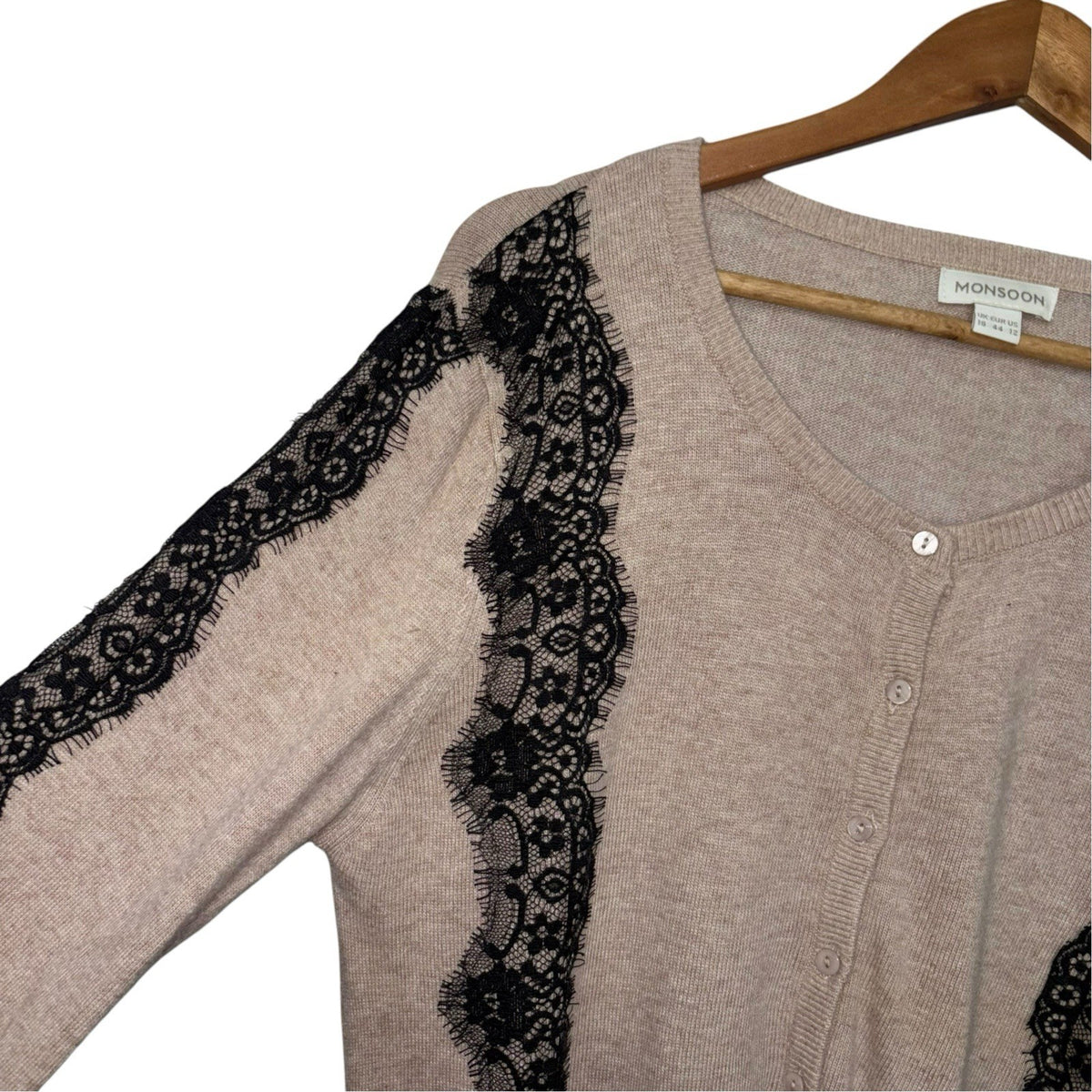 Monsoon Size UK 16 Angora Wool Blend Cardigan Beige Black Lace Trim Button Up