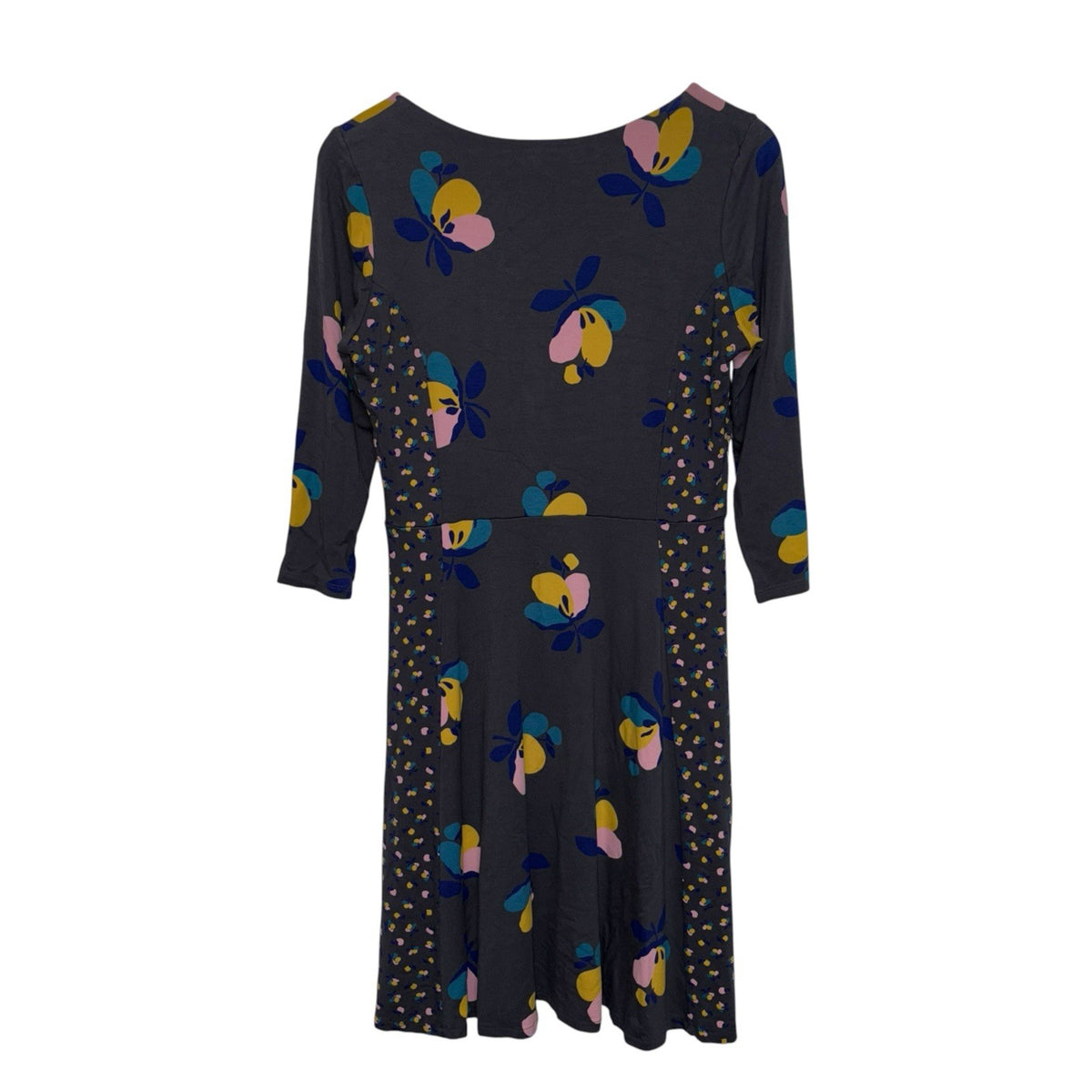 Boden Size UK 14R 3/4 Sleeve Midi Dress Grey Floral Detail Panels Soft VGC