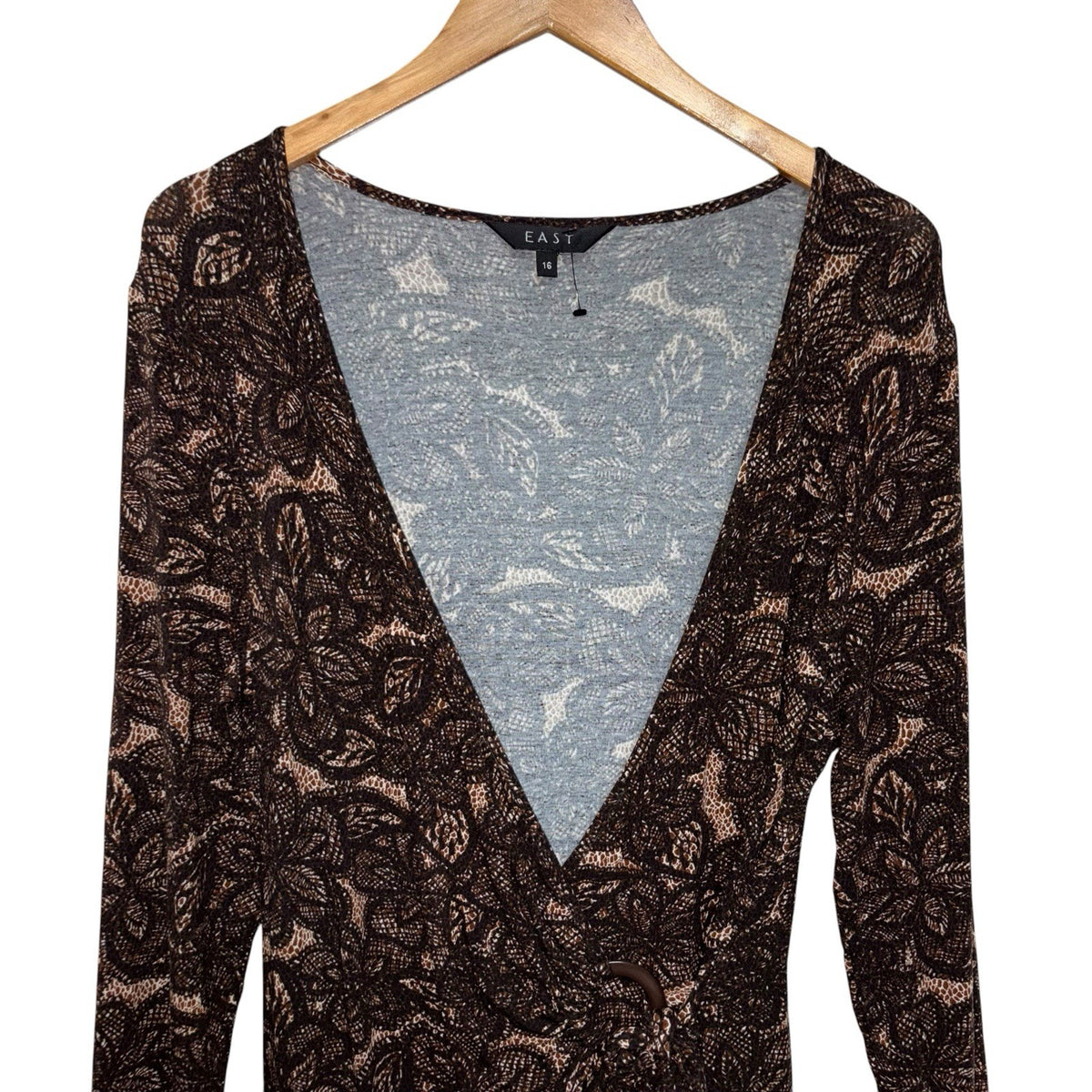 EAST Women's Size UK 16 3/4 Sleeve Wrap Midi Dress Brown Floral Autumnal VGC