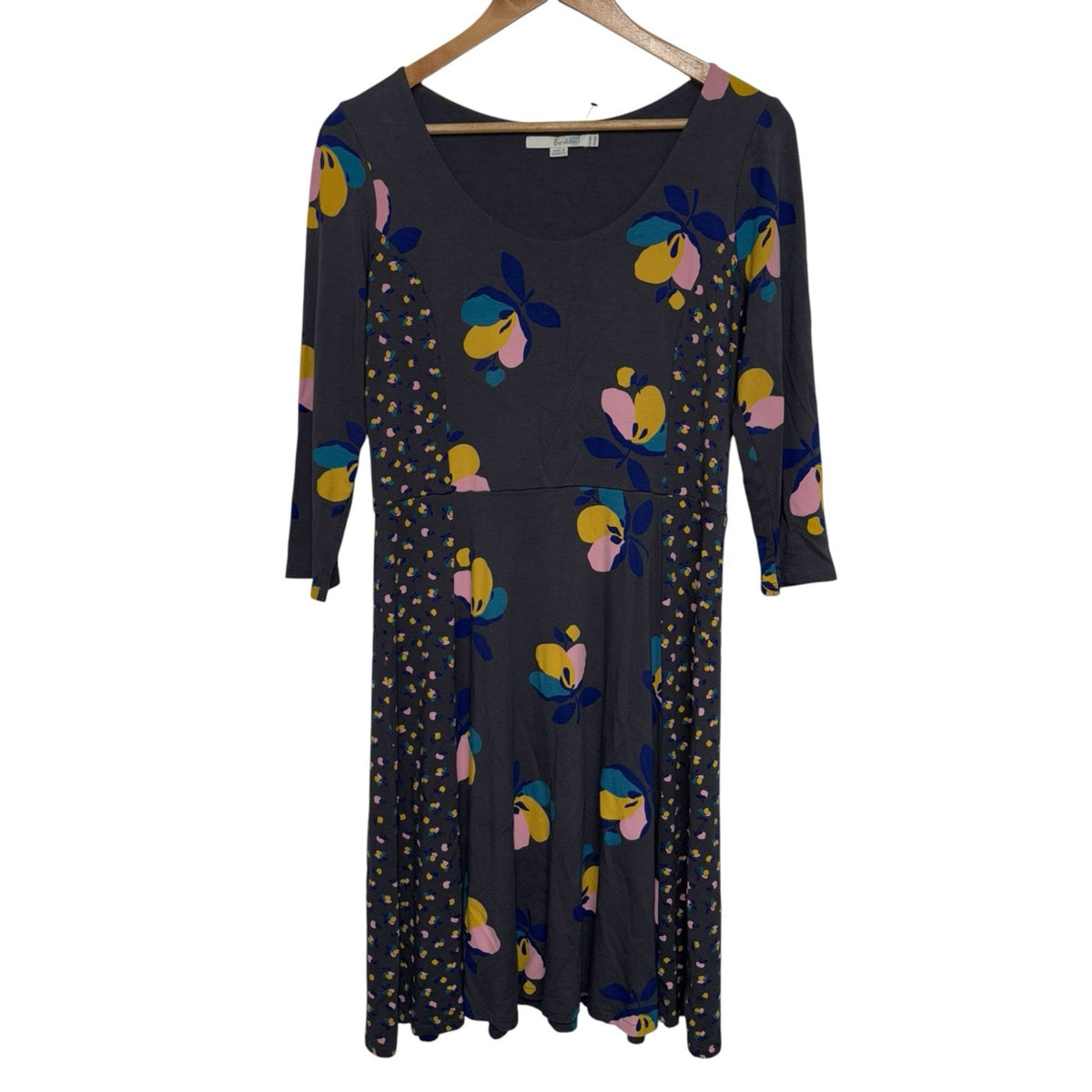 Boden Size UK 14R 3/4 Sleeve Midi Dress Grey Floral Detail Panels Soft VGC
