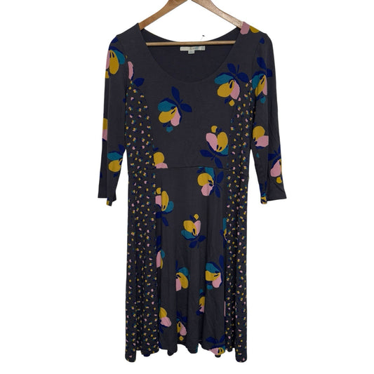 Boden Size UK 14R 3/4 Sleeve Midi Dress Grey Floral Detail Panels Soft VGC