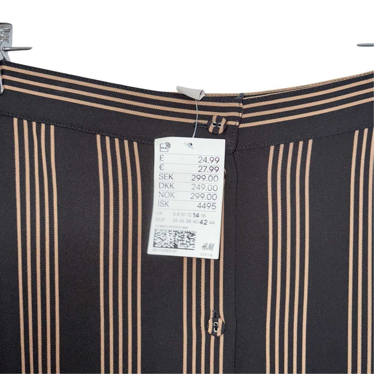 BNWT H&M Women's Size UK 14 A-Line Skirt Black Brown Stripes Button Front Work