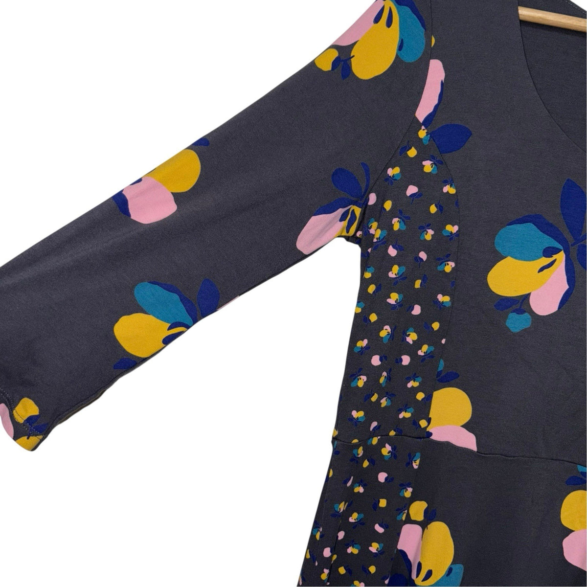 Boden Size UK 14R 3/4 Sleeve Midi Dress Grey Floral Detail Panels Soft VGC
