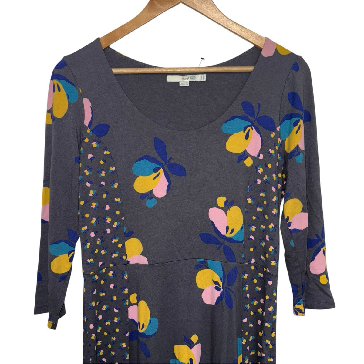 Boden Size UK 14R 3/4 Sleeve Midi Dress Grey Floral Detail Panels Soft VGC