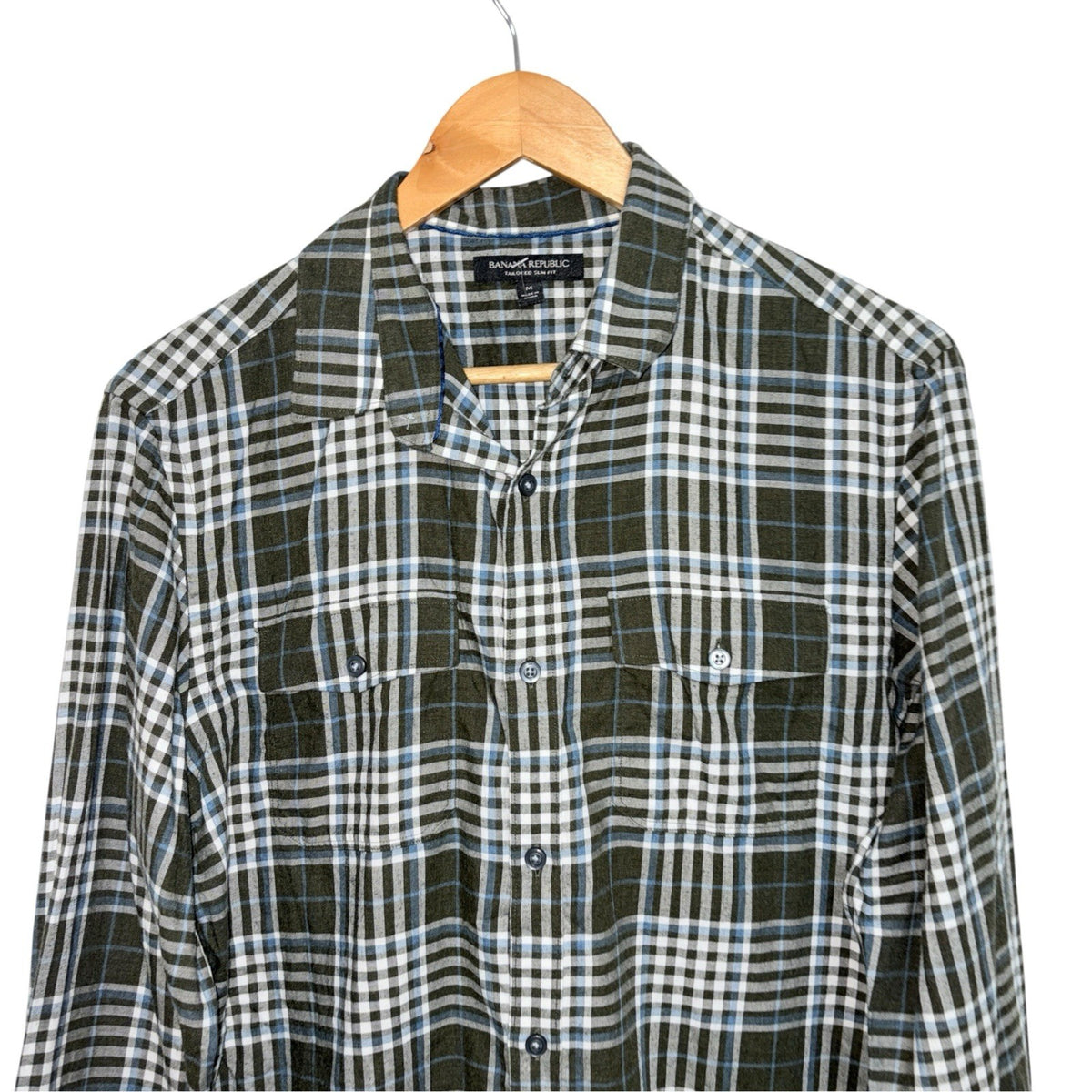 Banana Republic Men's Size Med Tailored Slim Fit Plaid Shirt Green White Blue
