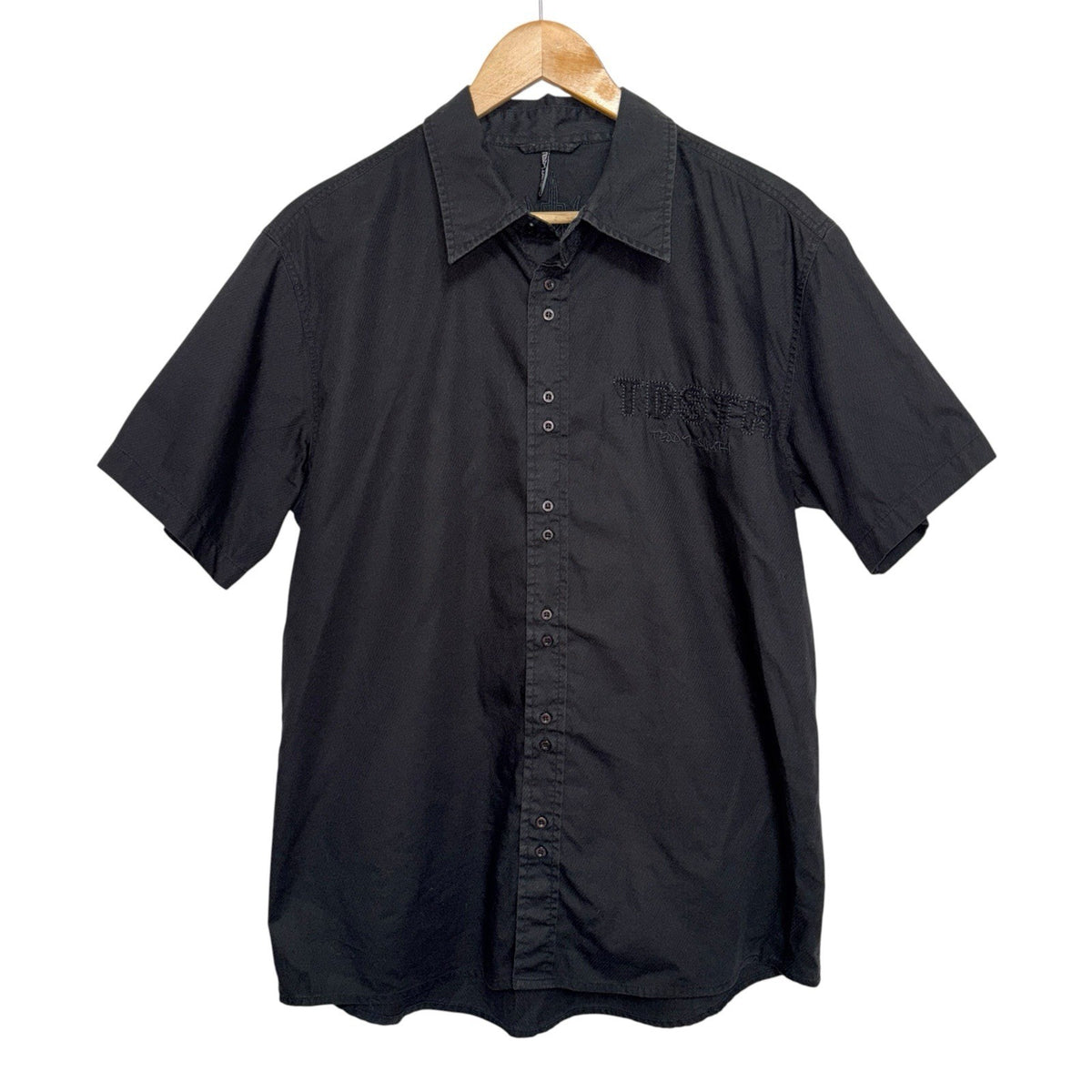 Teddy Smith Men's Size L Black Short Sleeve Shirt Double Button Embroidery VGC