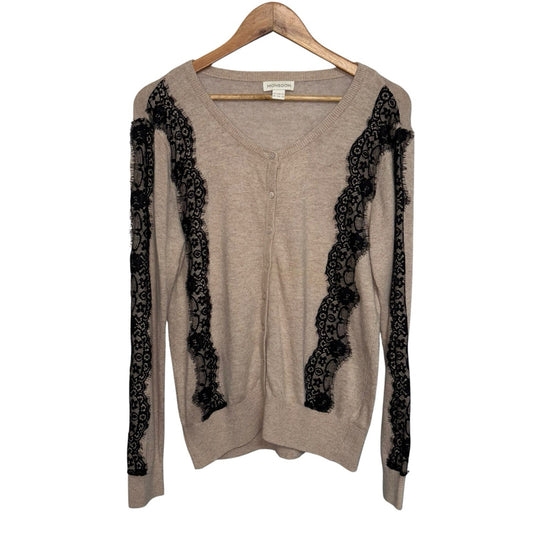 Monsoon Size UK 16 Angora Wool Blend Cardigan Beige Black Lace Trim Button Up