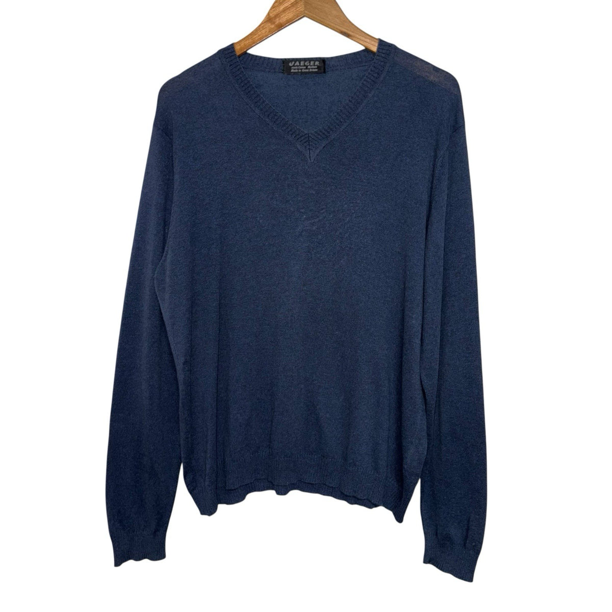 Jaeger Size Medium Vintage Jumper Long Sleeve Navy Blue Cotton V Neck VGC