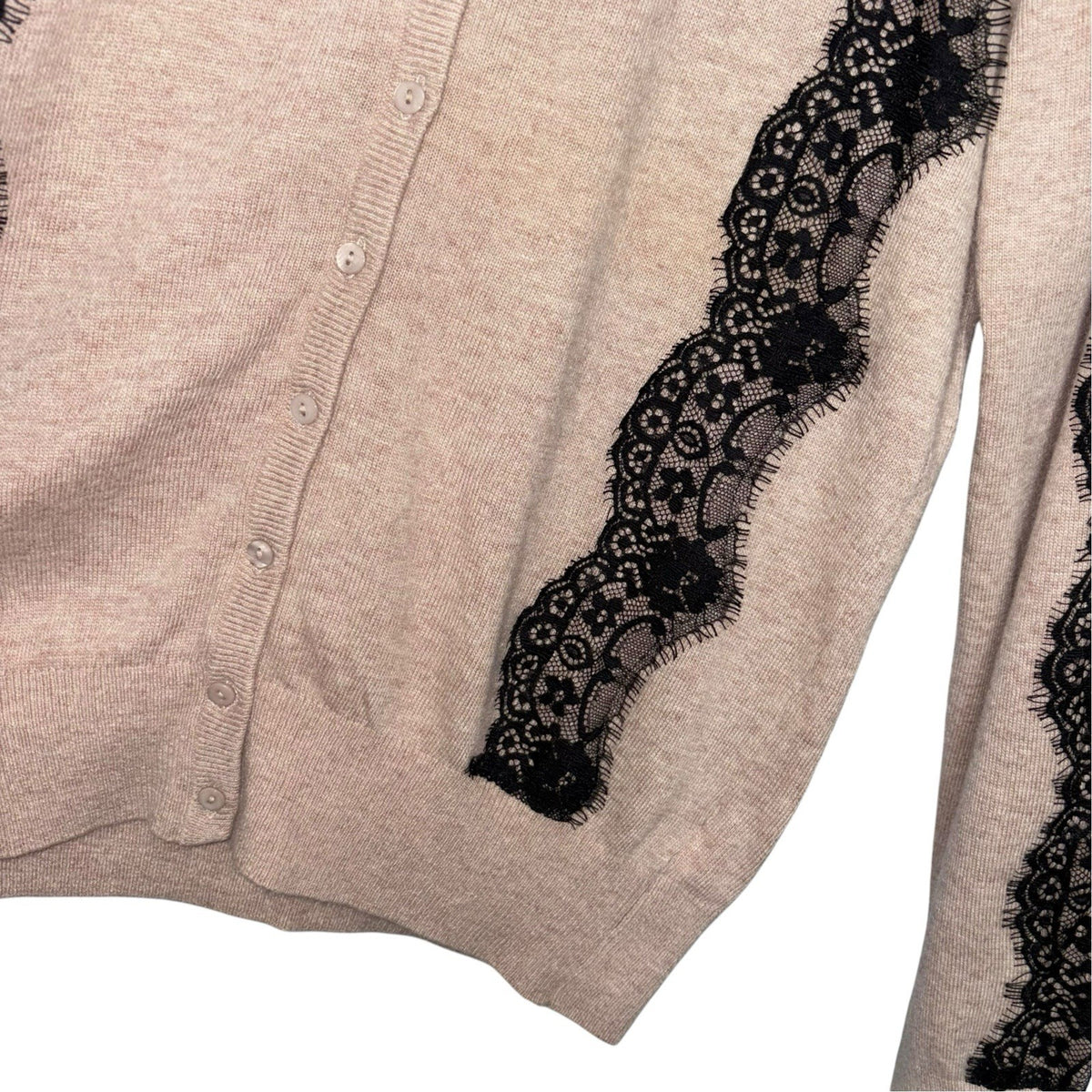 Monsoon Size UK 16 Angora Wool Blend Cardigan Beige Black Lace Trim Button Up