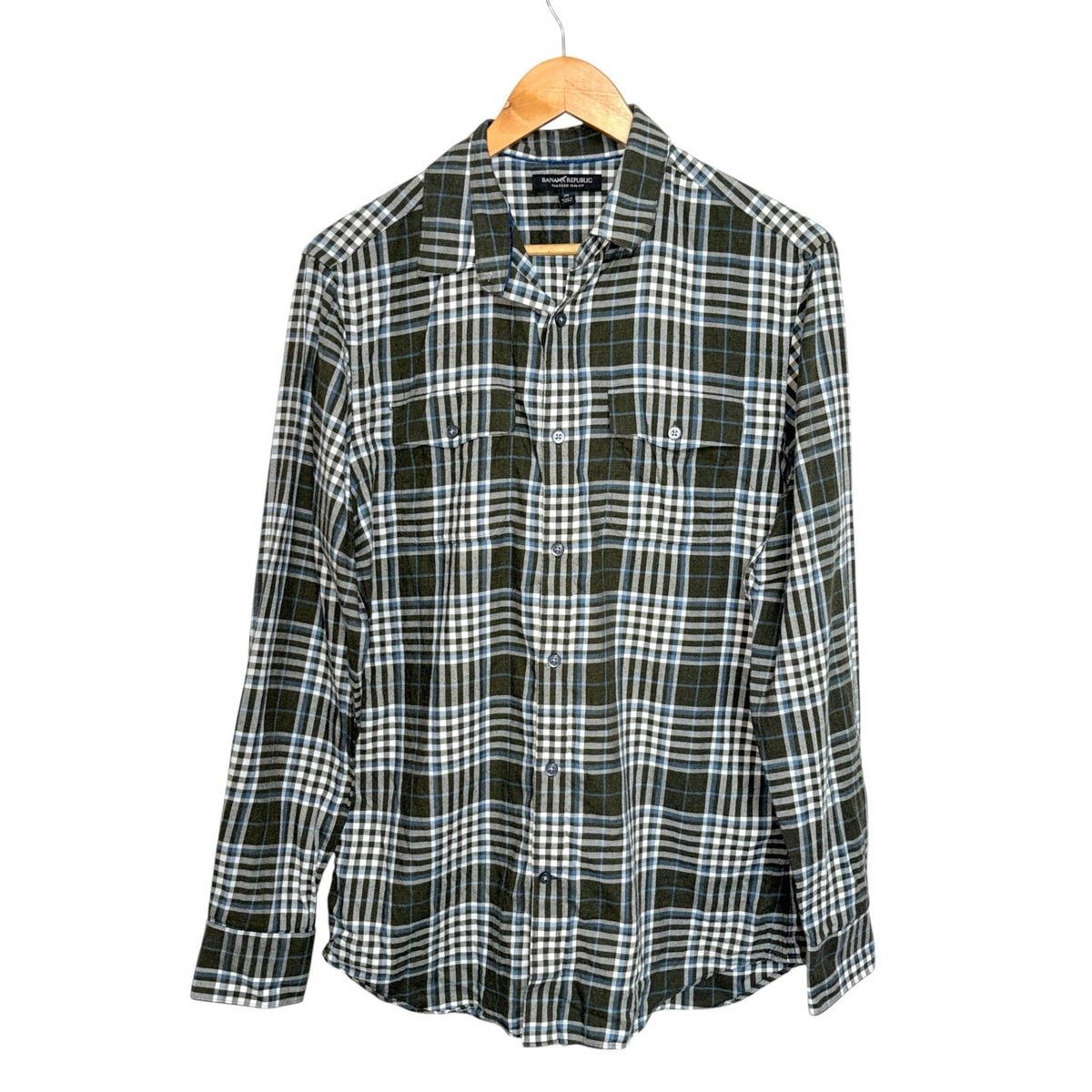 Banana Republic Men's Size Med Tailored Slim Fit Plaid Shirt Green White Blue