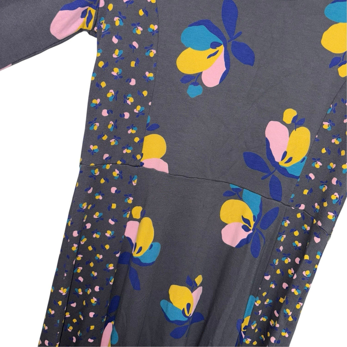 Boden Size UK 14R 3/4 Sleeve Midi Dress Grey Floral Detail Panels Soft VGC