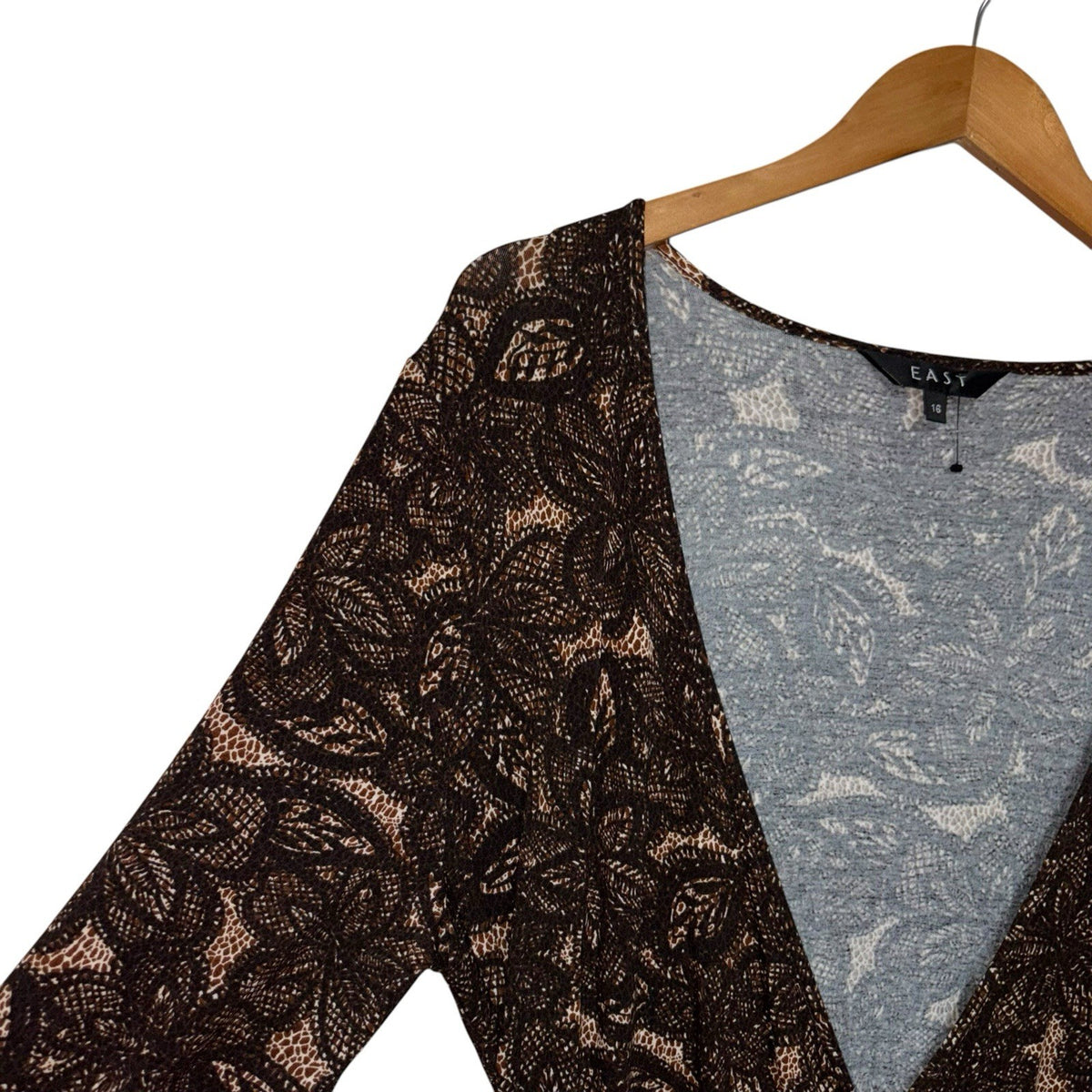 EAST Women's Size UK 16 3/4 Sleeve Wrap Midi Dress Brown Floral Autumnal VGC