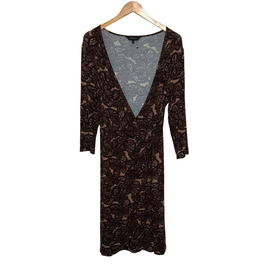 EAST Women's Size UK 16 3/4 Sleeve Wrap Midi Dress Brown Floral Autumnal VGC