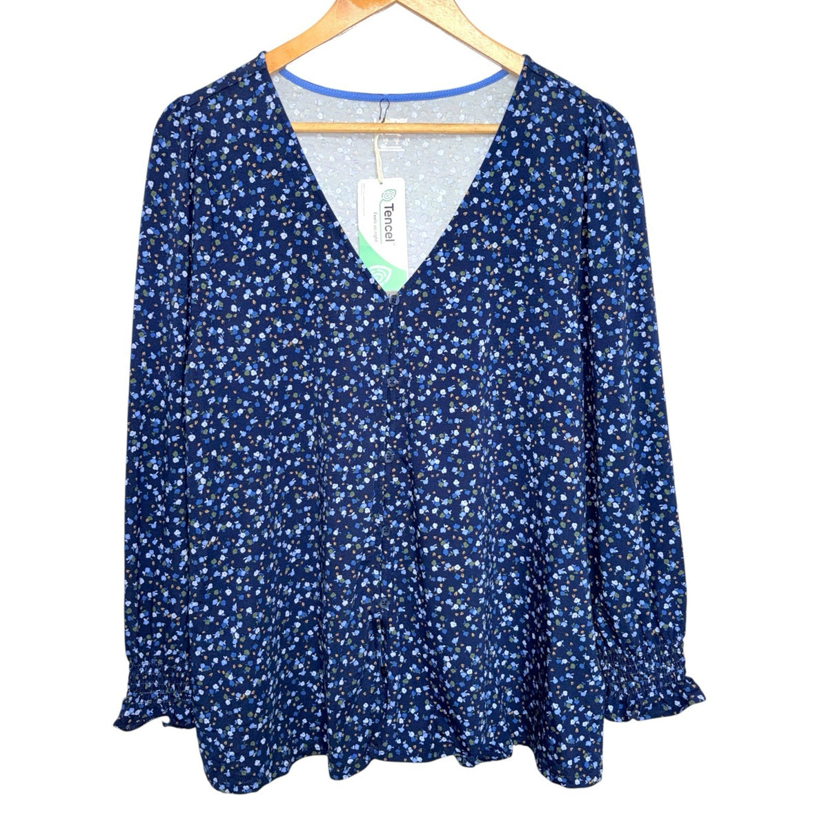 BNWT Lands’ End Women's Med Blouse Top Blue Multi Ditsy Floral Button Up New