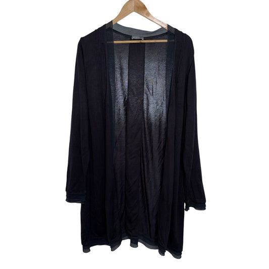 Per Una Size UK 22 Longline Cardigan Navy Blue Open Knit Fabric Trim VGC