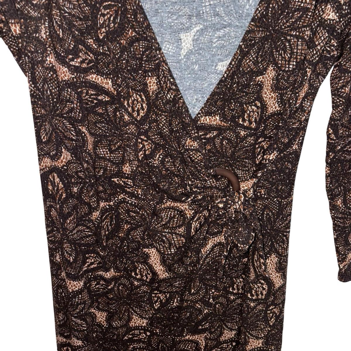 EAST Women's Size UK 16 3/4 Sleeve Wrap Midi Dress Brown Floral Autumnal VGC
