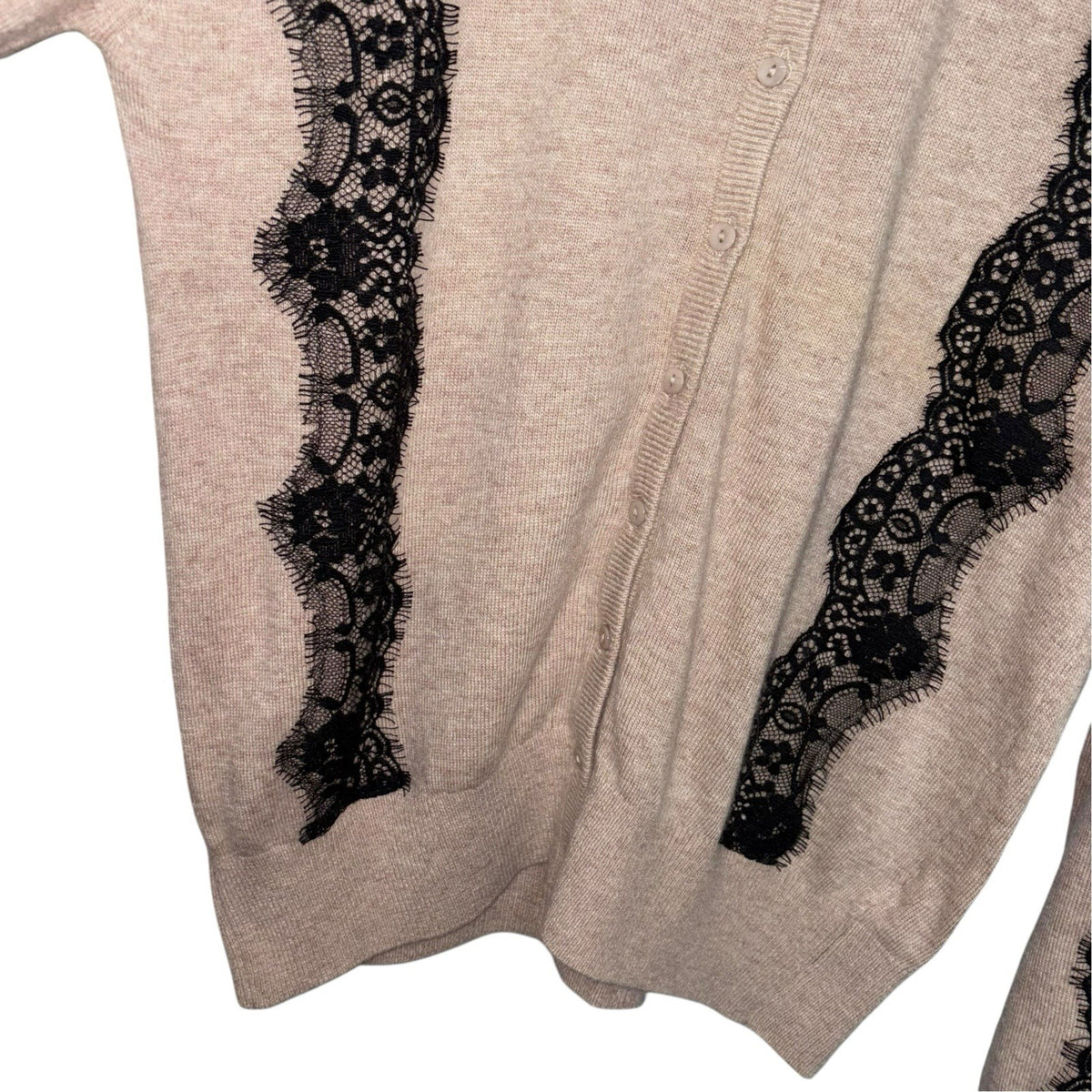 Monsoon Size UK 16 Angora Wool Blend Cardigan Beige Black Lace Trim Button Up