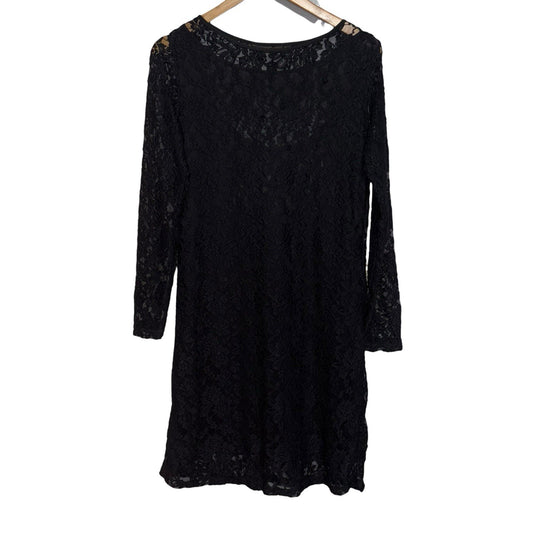 Vintage AND Women's Size XL Midi Dress Long Sleeve Black Lace Floral Design VGC