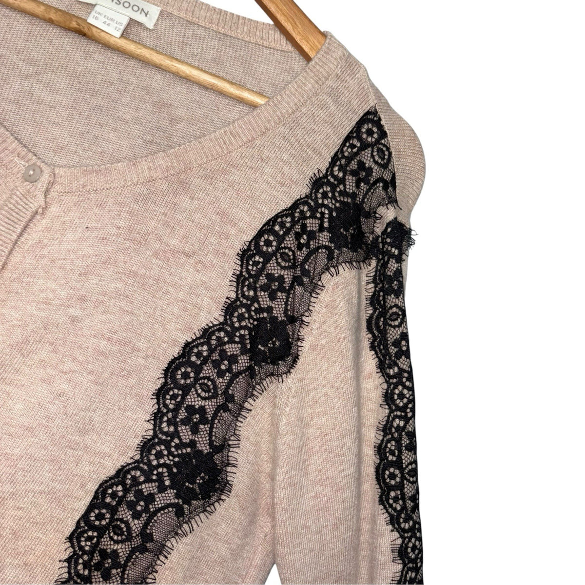 Monsoon Size UK 16 Angora Wool Blend Cardigan Beige Black Lace Trim Button Up