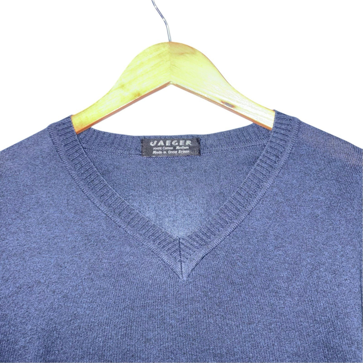 Jaeger Size Medium Vintage Jumper Long Sleeve Navy Blue Cotton V Neck VGC
