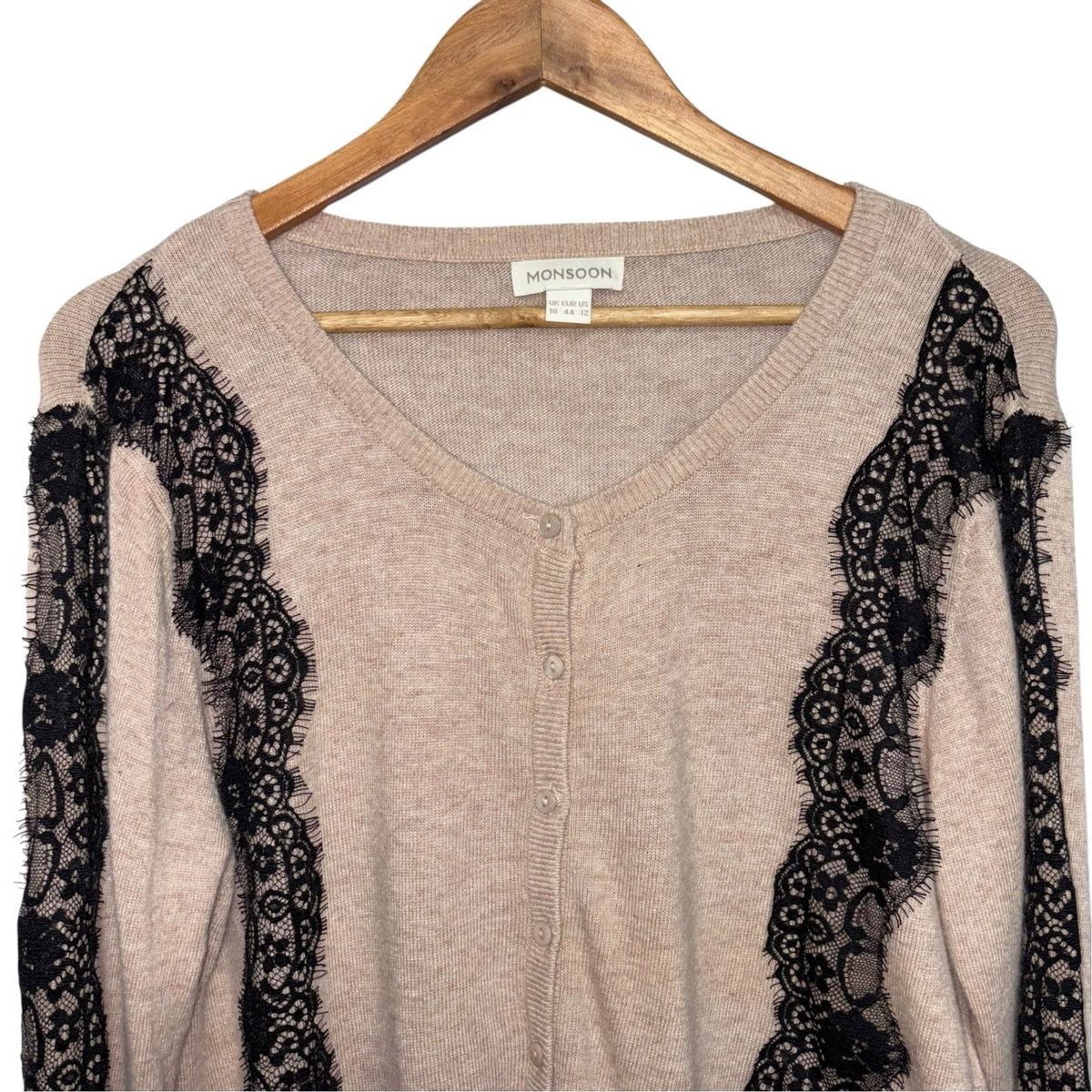 Monsoon Size UK 16 Angora Wool Blend Cardigan Beige Black Lace Trim Button Up