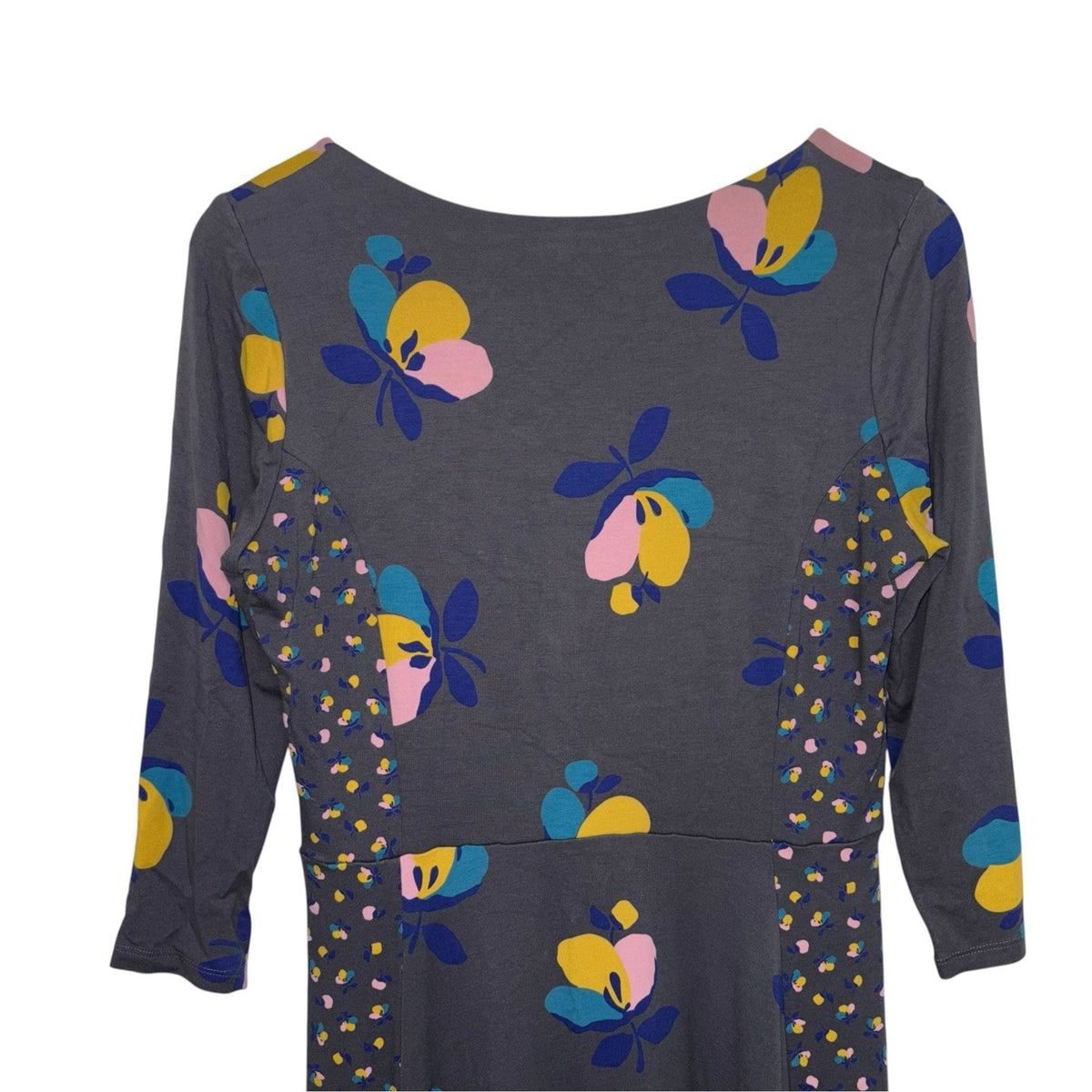 Boden Size UK 14R 3/4 Sleeve Midi Dress Grey Floral Detail Panels Soft VGC